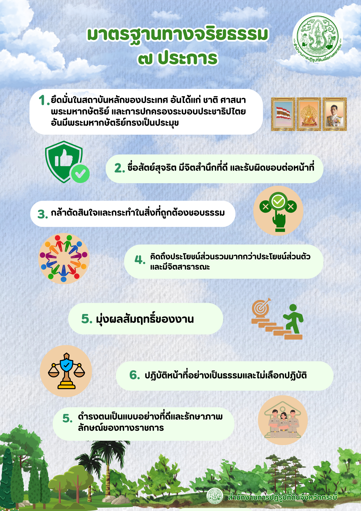 title - มาตรฐานทางจริยธรรม 7 ประการ ของสำนักงานการปฏิรูปที่ดินจังหวัดกระบี่
